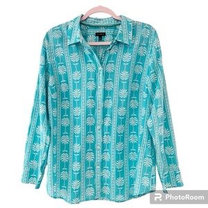 Talbots Decorative Palms Button-Front Long Sleeve Cotton Blouse Size Large